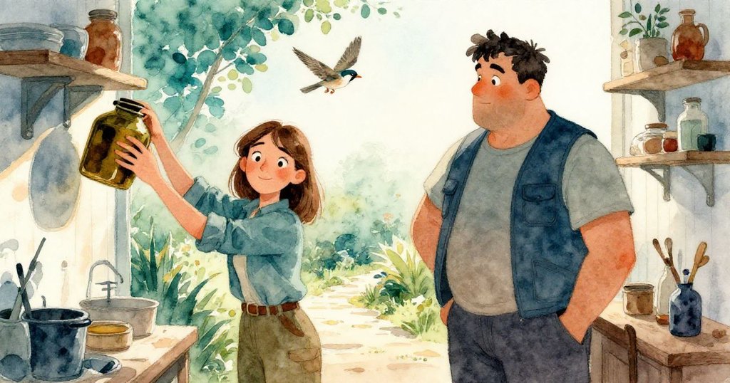 Ivan 輕放油罐於冰冷架上，Mabel 臉上流露放心微笑，麻雀振翅飛向花園小徑，收尾畫面和諧寧靜。