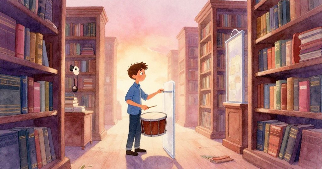 路克靜靜站在寬敞參考翼中，背景有高大的期刊堆疊，他輕敲塑膠框，神情平靜中帶有些微憂慮。