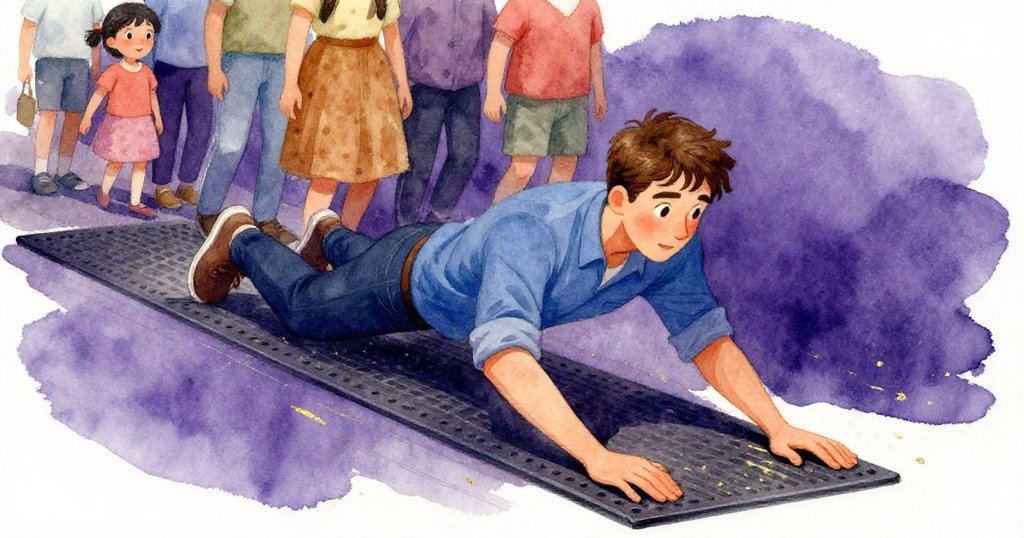 路克動作靈活滑入隊列，手按有凹凸橡膠墊，背景隱現其他顧客，畫面動態且充滿張力。