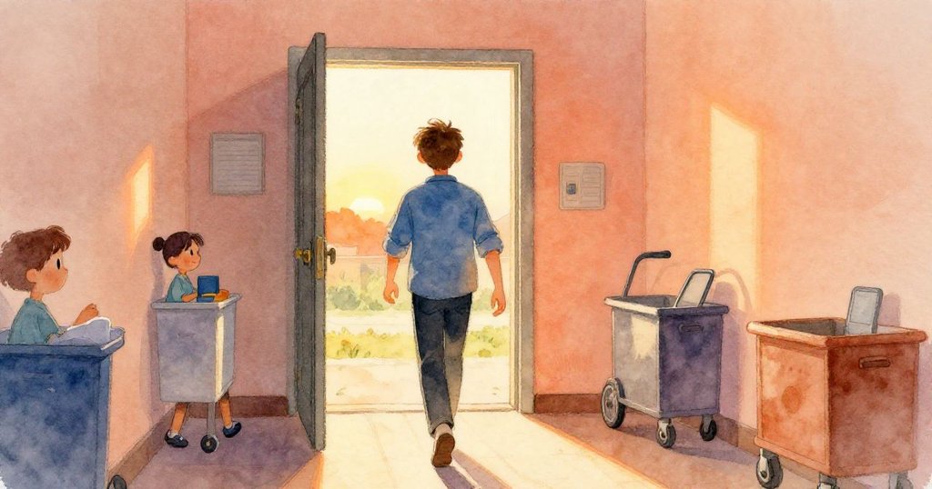 路克走向通往戶外的門口，夕陽橘光灑下，員工推車於走廊間移動，畫面展現轉換與溫暖氛圍。