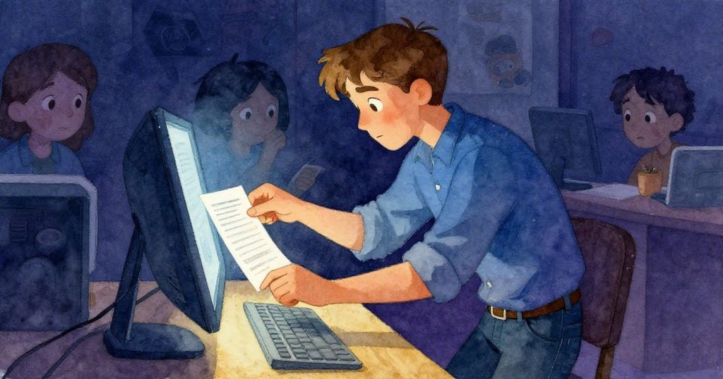 路克在終端機前調整搜尋欄位，專注神情映出藍光與暗靛金光交織，決心明顯。