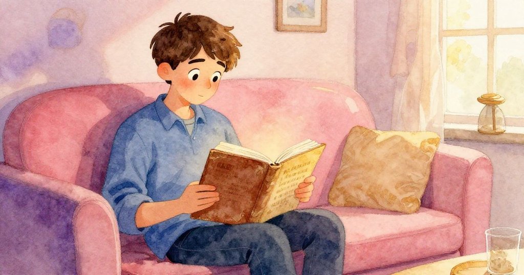 路克抱著刻有褪色金字的舊相冊，依靠柔和玫瑰粉沙發告別終端機，神情充滿淡淡感傷與溫柔離別。