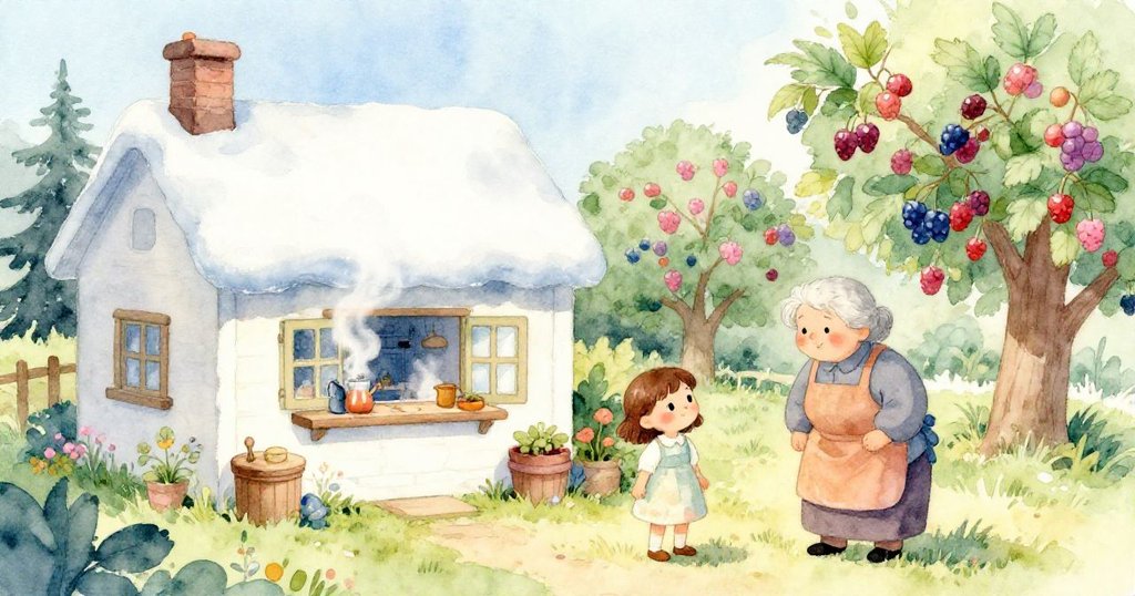 Flora與Gran在鄉村廚房外邊開始果醬製作，透過冒蒸氣窗戶可見背景中豐富莓果園，溫暖晨光映襯。