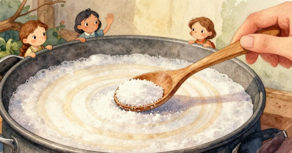 Flora的手輕觸木勺邊沿與鍋邊，細膩糖晶與蒸氣交織，呈現溫馨手作情景。