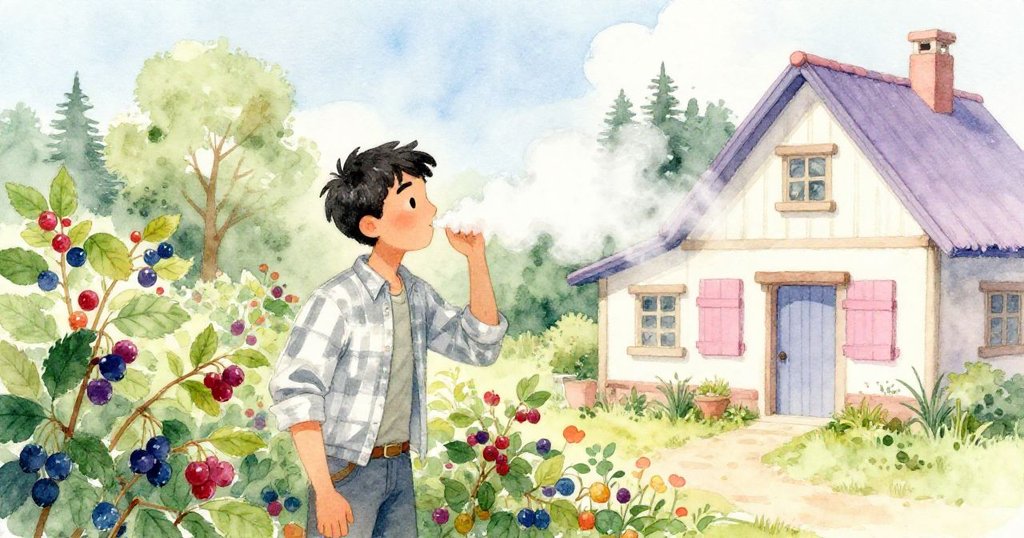 Joel在莓果園中嗅著飄出的糖霧，身旁綠意盎然的果叢映襯著遠處開啟廚房的溫馨畫面。