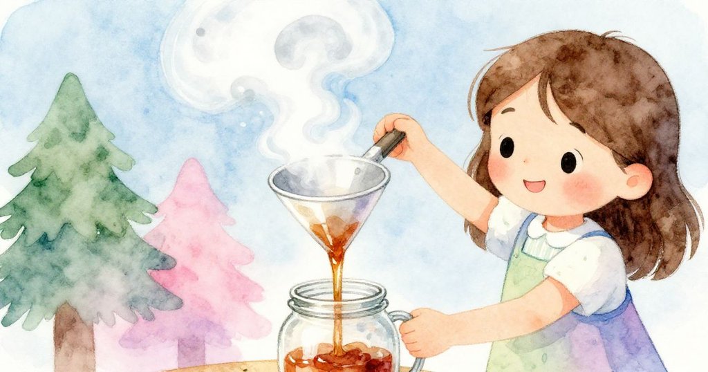 Flora正用漏斗將濃郁果醬注入罐中，瞬間定格熱情澎湃，蒸氣與糖液交織展現活力。