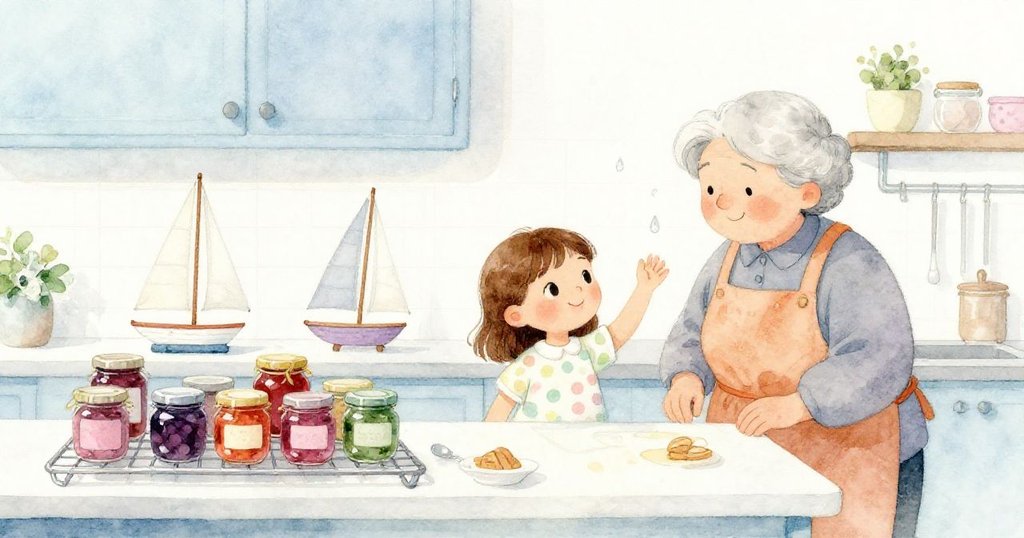 廚房全景展現完成的果醬罐，Gran與Flora滿意微笑，檯上小帆船裝飾溫馨落幕，呈現成功果醬之作。