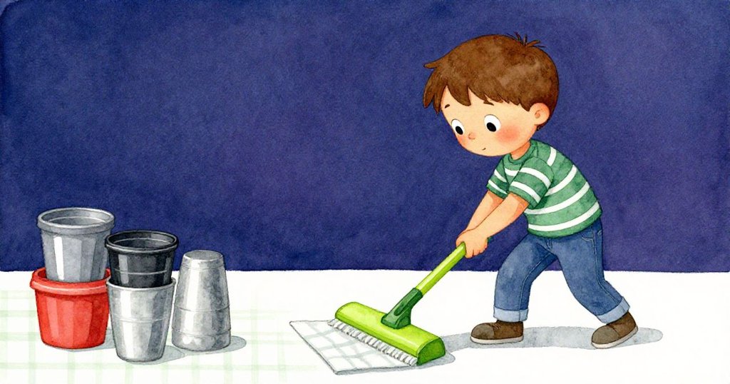 Jonas努力推動綠色刮板，金屬杯在附近搖晃，空白背景突顯物件動態，場面充滿緊張感。