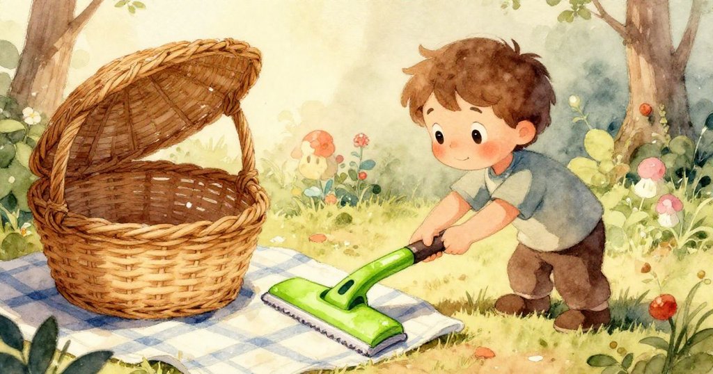 從小生物視角看見綠色刮板和金屬杯在格子布上動態移動，營造出細膩而富有奇趣的畫面。