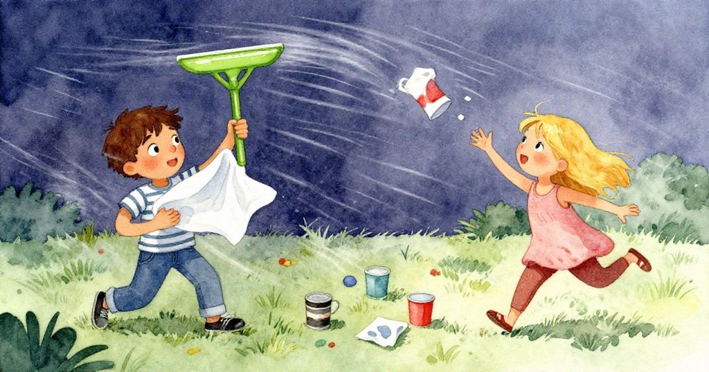 Jonas和Dawn在風中奮力動作，綠色刮板穩住翩翩飄動的布邊，杯子四散滑動，展現緊張刺激場面。