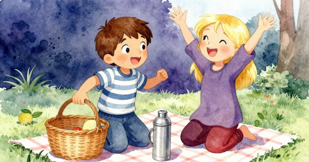 風停後，Jonas與Dawn滿懷喜悅互視微笑，重新整理好籃中物品，保溫瓶內檸檬水輕柔敲打，場面溫暖安寧。