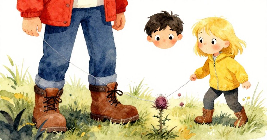 Nina與Reed的靴子踩於草地上，風箏線被刺草勾住，地面細節與緊張動作清晰呈現。