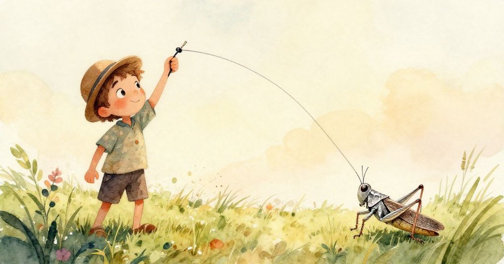 Nina專注操作風箏捲線器，細節中展示新結與顫動小蟲，背景隱約見山坡與野花。