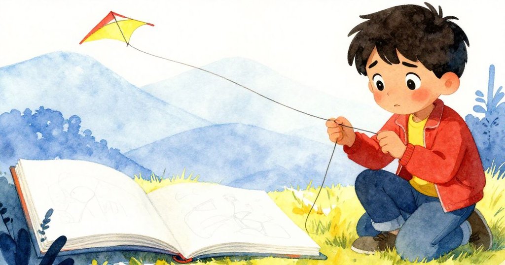 Reed蹲下仔細檢查受損風箏線，專注表情中展露內心掙扎，紙上山丘素描靜謐呈現。