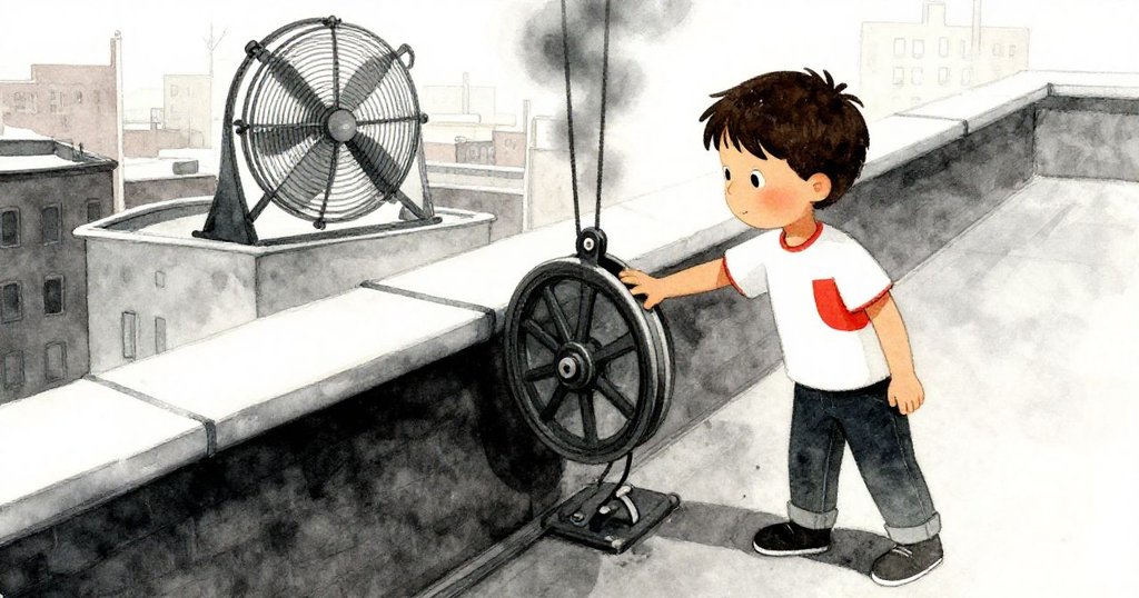 Jude正用拇指按在滑輪上，處於傾斜的城市天台，表情專注，周圍有排氣扇和強烈的光影效果