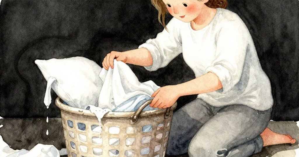 Mabel用心打開籃子，濕衣物滴水呈現細節，背景是天台入口和斑駁瓷磚，心情平靜