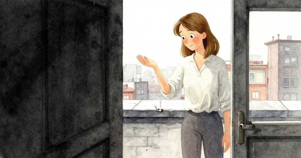 透過微開的門縫看到Mabel，正專注觀察衣袖上緩爬的小瓢蟲，背景隱約傳來鄰居腳步聲