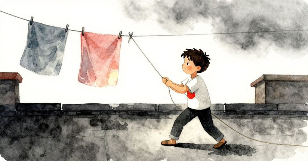 Jude拉扯繩索，三條毛巾在衣繩上舞動，時間從明亮午後過渡到溫柔金色光影