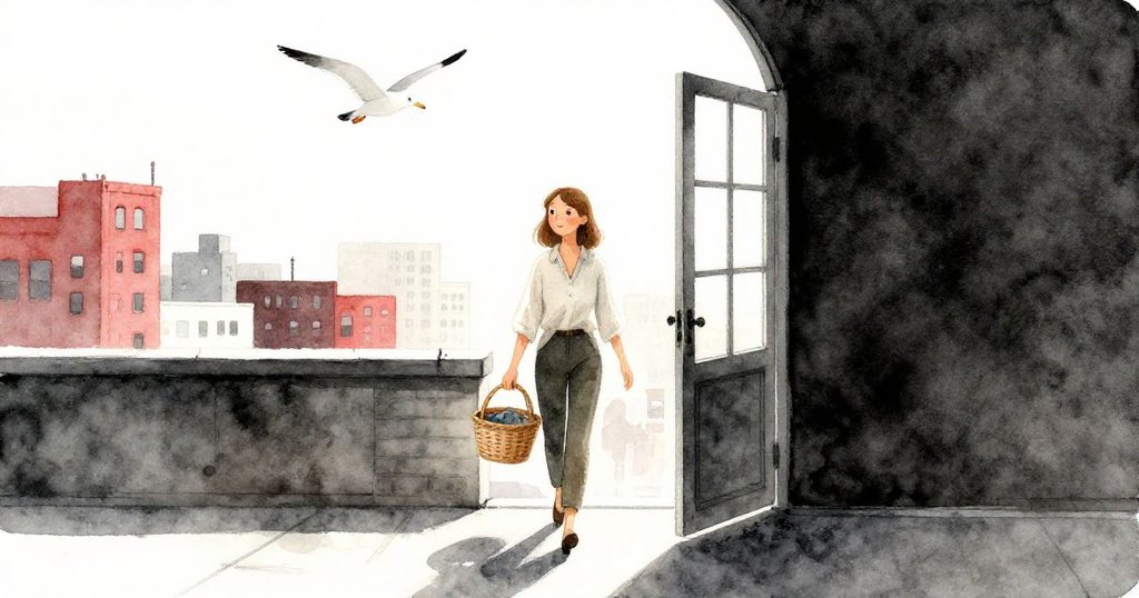 Mabel拿著籃子走向敞開的天台門，頭頂有隻孤鷗翱翔，場景傳達出新的希望與結局
