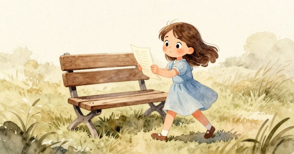 Sara站在陽光燦爛的草原上,靠近木製折疊椅,手持展翅紙飛機,臉上充滿好奇與期待。