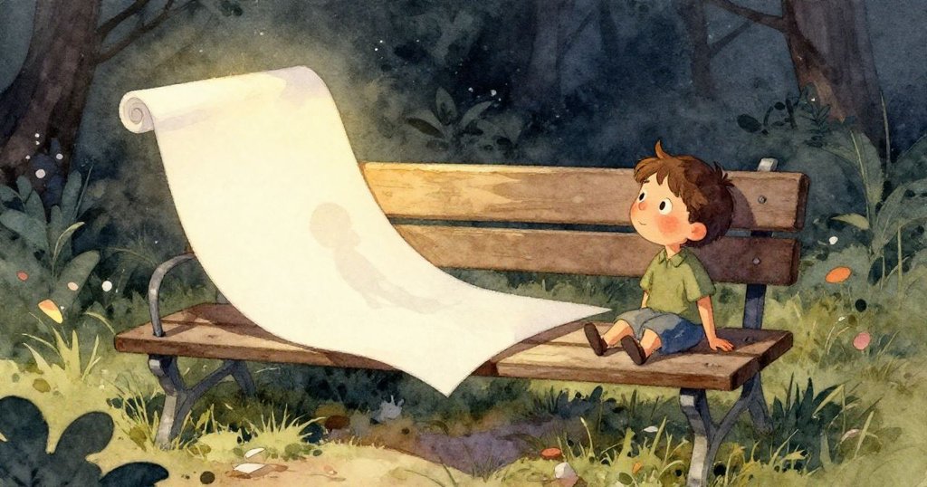 Sara沿著閃亮的草地邁步前行,她的小腳穩健踏過露珠,背景隱約可見折疊椅和飄動紙張。