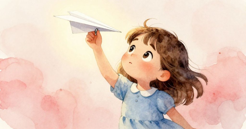 Sara專注而略帶緊張地調整著紙飛機上的金屬夾,臉上流露出堅定和猶豫,背景光影柔和。