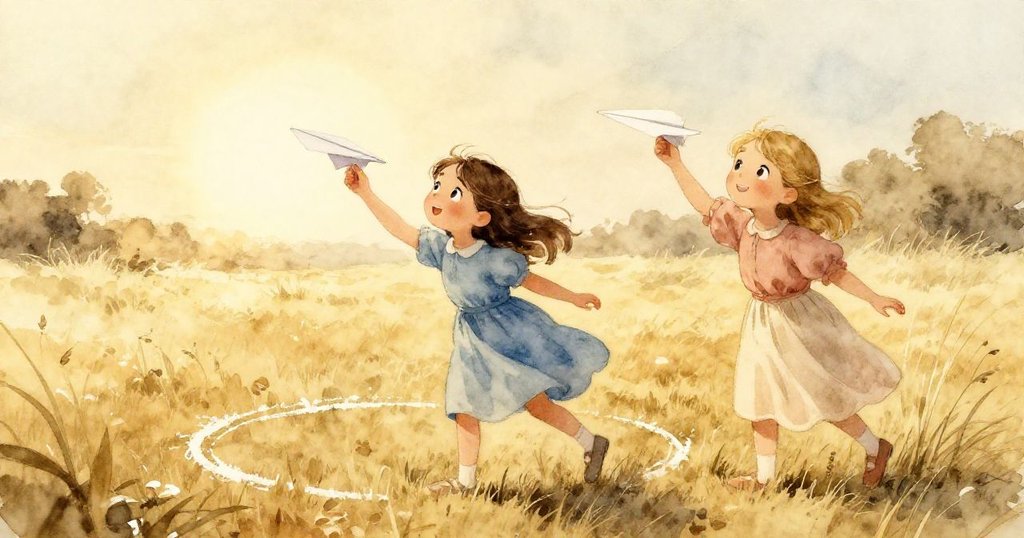 在夕陽餘暉下,Sara欣賞飛機精準落入粉筆圈中,Greta輕拾遺落飛機,田野洋溢溫暖光輝與滿足情懷。