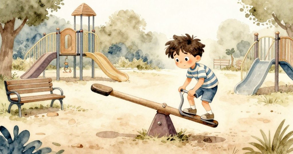 克萊德在溫暖斜陽下的遊樂場上登上鞦韆，環境古舊，透露著冒險前的期待與興奮。