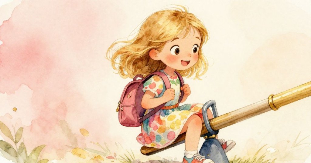 奧娜在遊樂場鞦韆上坐穩，神情活潑，正在輕調她的彩色小背包，眼中閃爍著快樂期待。