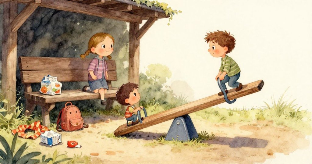 在陽光斑駁的長椅下，散落著一個皺巴巴的果汁盒、條紋圍巾與小背包，靜靜訴說著孩子們的嬉戲歷程。