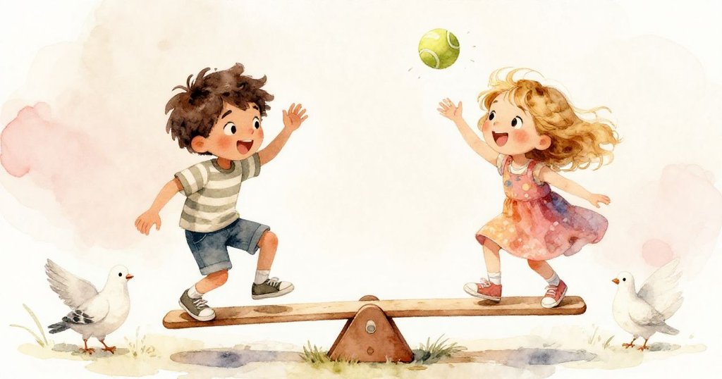 在明亮的遊樂場中，克萊德與奧娜在鞦韆上共享快樂平衡時刻，網球彈跳、鴿子鳴鳴，氣氛歡愉。