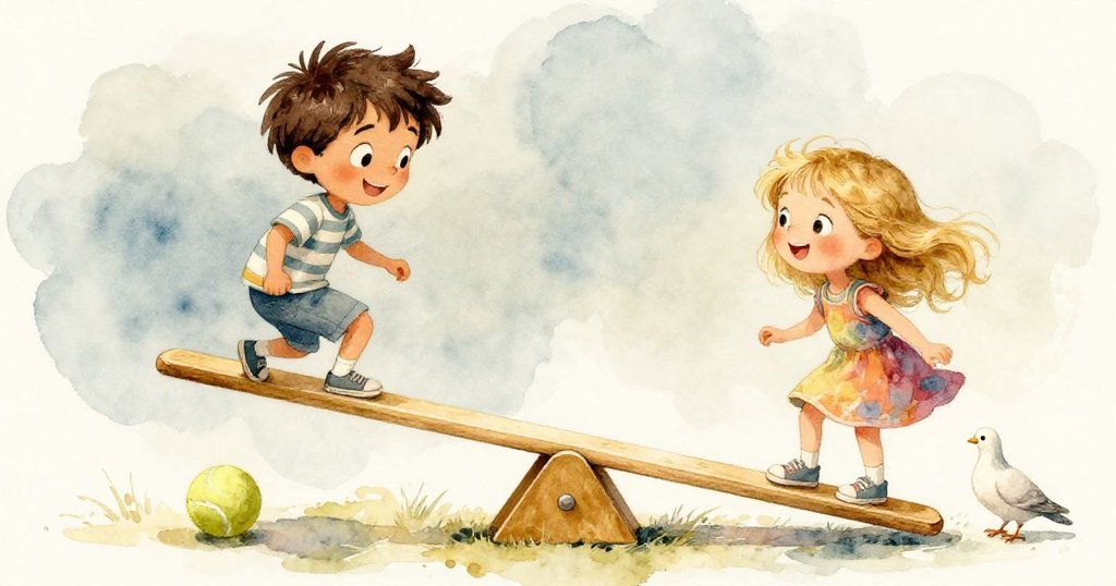 在寧靜的夕光中，鞦韆恢復平衡，克萊德與奧娜臉上露出滿足笑容，背景有緩行的網球與低鳴的鴿子，結束一天的歡樂。