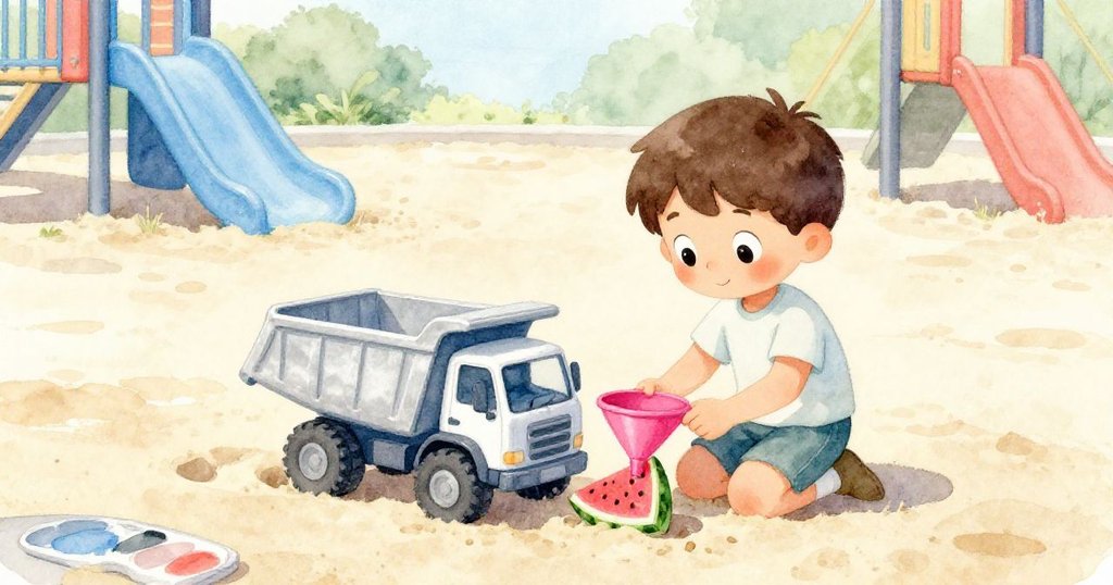 卓克在明亮的遊樂場沙坑邊蹲著檢查堵塞的漏斗,旁邊有塑膠貨車與閃亮的沙子,臉上流露出專注與決心。