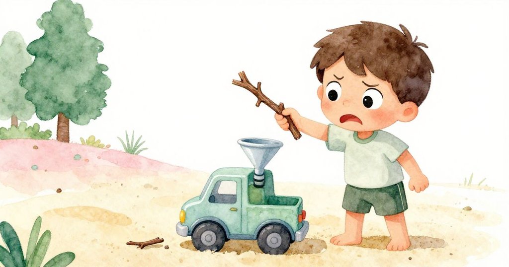 卓克用細木枝敲擊堵塞的漏斗,木枝彎曲並折斷,他的表情中流露出堅持與一絲挫敗,背景是溫暖的陽光沙坑。