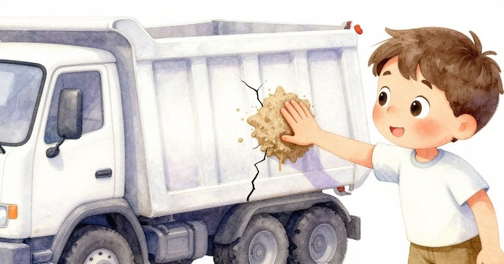 卓克專注地用拇指把黏稠沙塊按進貨車床的細裂縫中,細沙瀉落,形成完美封口,展現出他的創意與決心。