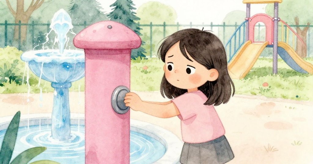 諾美在圍牆邊的噴水池旁按下金屬按鈕,臉上透露出疲倦與決心,背景中微弧的水流增添動感。