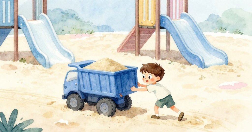 卓克推著裝滿沙子的貨車向滑梯方向前進,沙坑上印有車輪痕跡,畫面充滿勝利與快樂的氣氛。