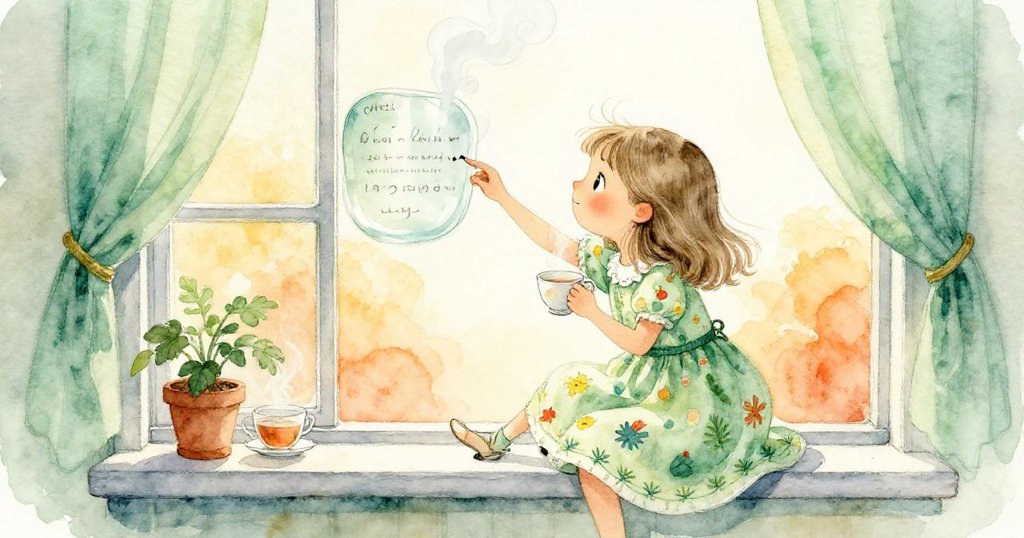 Greta站在窗台上平衡,茶杯冒出熱氣,她伸手觸摸那透明玻璃,室內暖光與雨景交織,充滿期待。