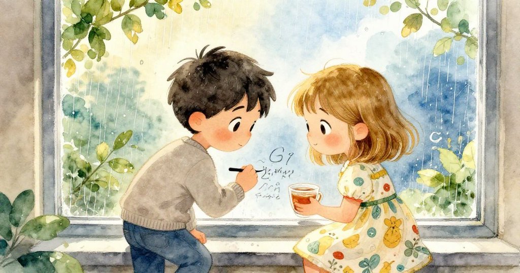 Eli與Greta在窗邊肩並肩作畫,雨聲中互補筆觸,展現出專注與合作的決定性時刻。