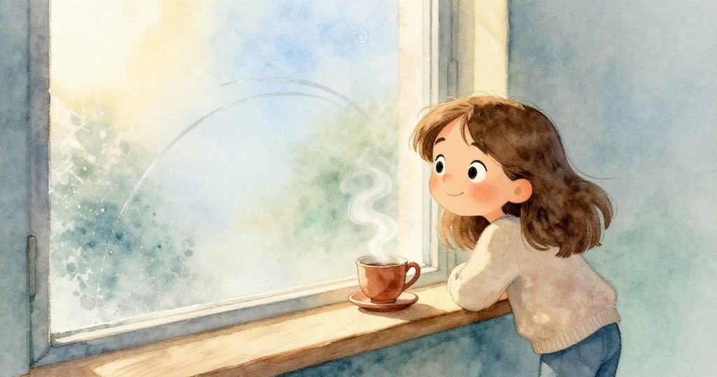 Hazel靠近覆蓋霧氣的玻璃，手指輕觸閃亮曲線，溫暖蒸氣與早晨光影交織，展現神秘開端。