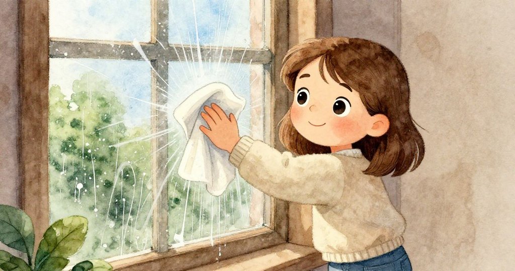 Hazel手持柔軟布料擦拭玻璃，水跡隨手擴散，晨光與木質紋理交織出溫馨層次感。