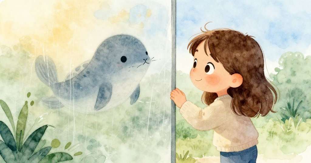 Hazel注視玻璃上真實與幻想交融的景象，水跡和夢幻鴨嘴獸並存，臉上流露出驚奇與欣喜。