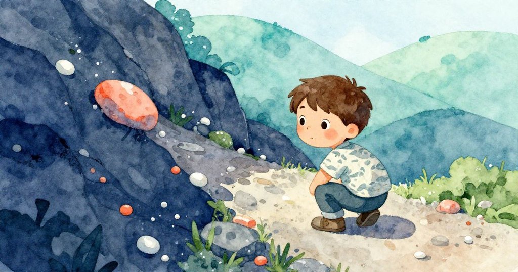 康恩蹲在山徑邊，小心清除碎石，背景是柔和山丘及天然色調，展現他充滿好奇與探索的表情。