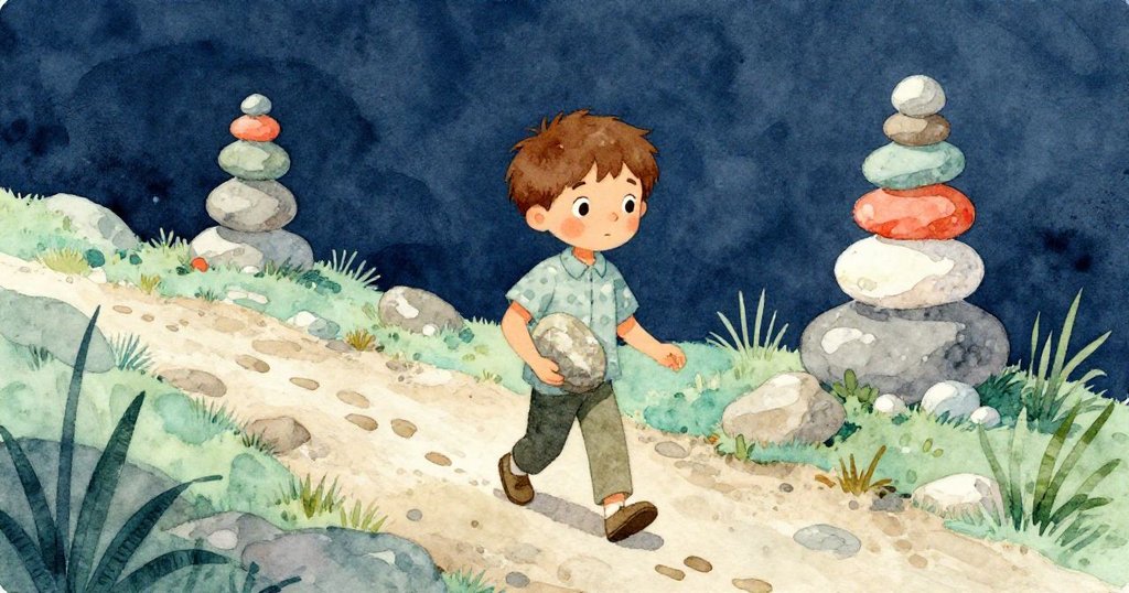 康恩手持砂岩石板走在山徑上，悠然留下清晰足跡，遠處石堆排列整齊，展現堅定與探索精神。