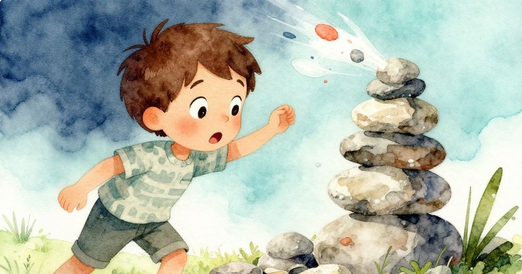 康恩手停空中，驚訝看著頂石因陣風微微晃動，背景細緻展現石堆層次與自然力量。