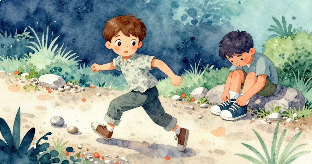 康恩急追掉落石塊，臉上流露專注，而背景中弗洛伊德低頭繫鞋帶，展現自然動感與細節。