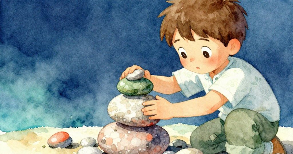 康恩專注調整石堆，手部細節與表情充滿決心，傾注心力維持石塔平衡，細膩呈現山徑風光。