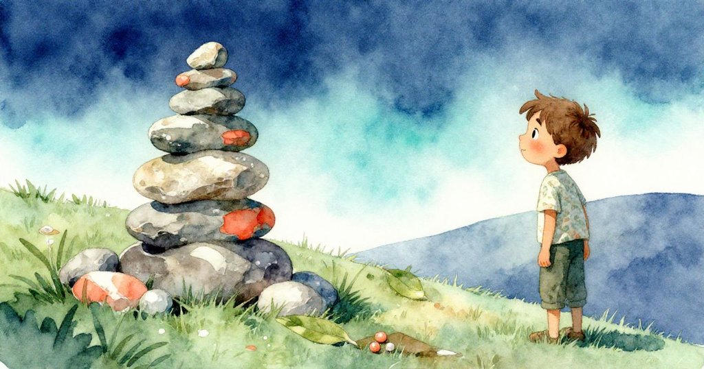 康恩靜觀一片鼠尾草葉從樹籬飄落，輕輕嵌入石塔間，整個山坡在陽光注視下洋溢祥和與神奇氣氛。