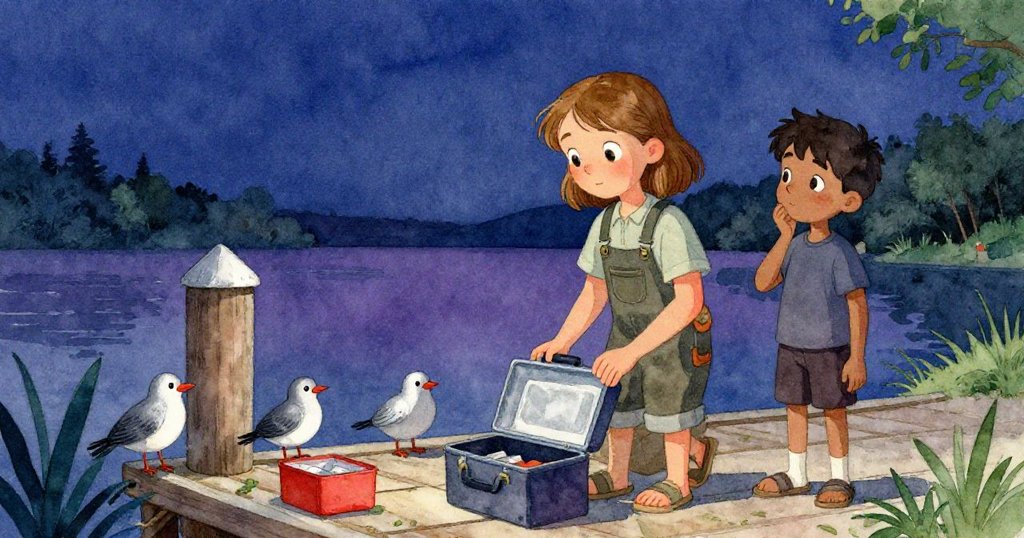 Olive與Wade在傍晚的碼頭上忙碌，背景有飛舞的鳥群，展現釣魚開始時的熱鬧與期待。