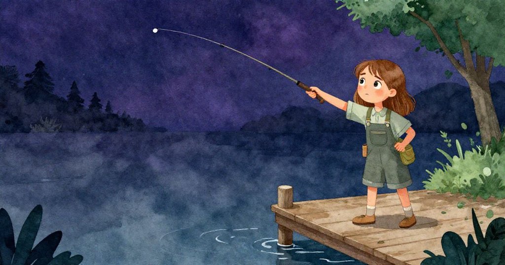 Olive在空曠的碼頭上投出浮標，背景廣闊留白突顯黃昏前孤獨卻充滿希望的釣魚情境。